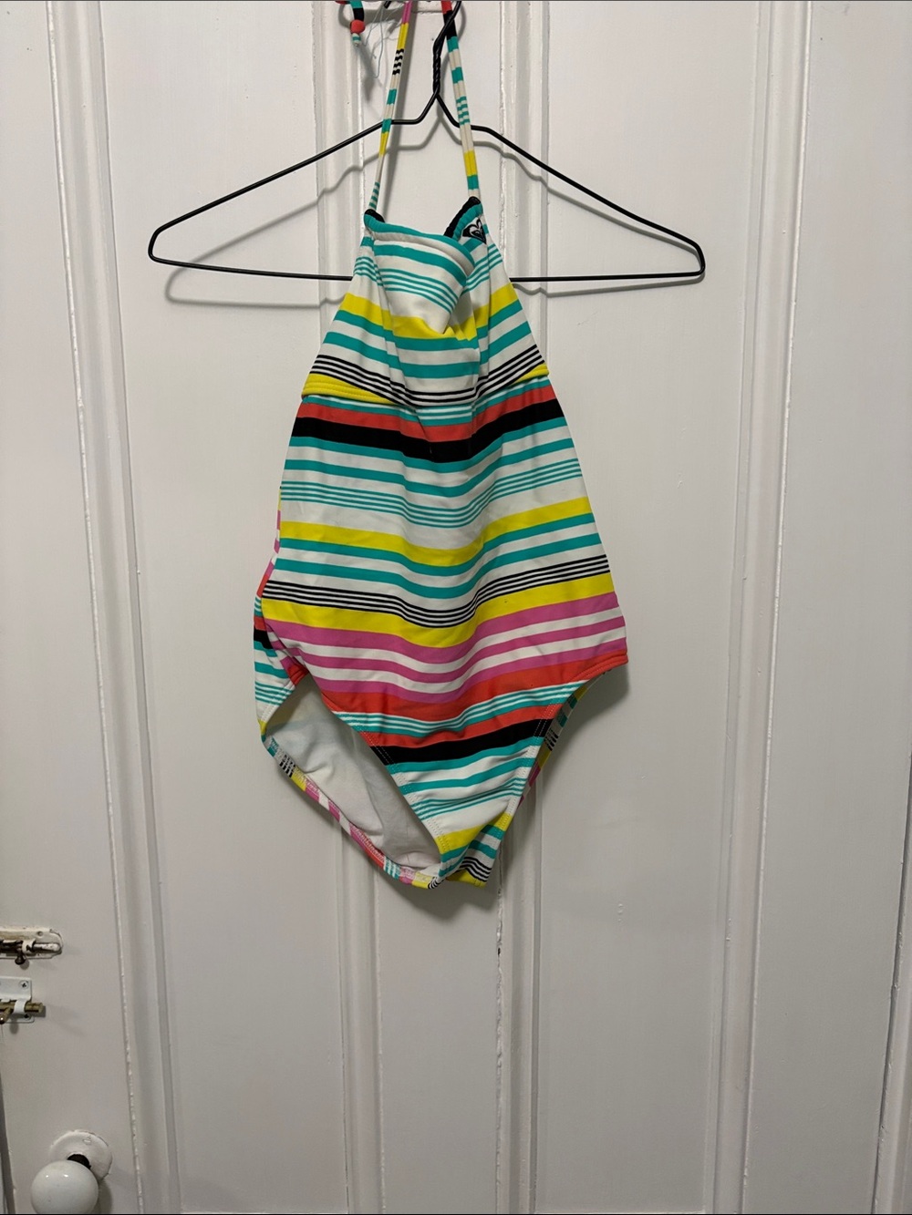 Roxy Girls' Teal, Yellow, Pink & Black Stripe One-Piece Swimsuit